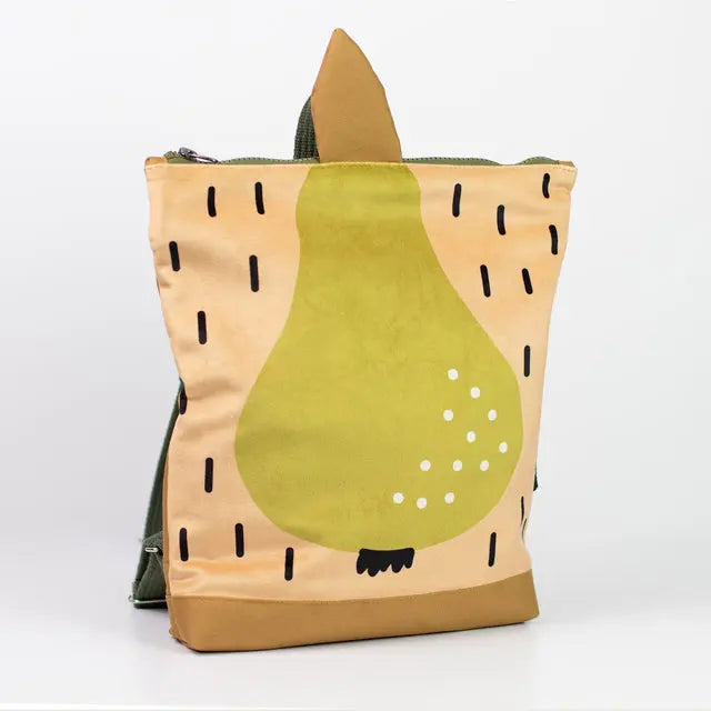 Kids backpack featuring a pear motif, ideal for young explorers. Velvet top with painted pear design, waterproof polyester bottom, adjustable shoulder straps, and zipper closure. Dimensions: H35cm x W30cm.