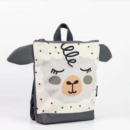 Kids backpack - Sheep: A white and grey backpack with a face design, perfect for outdoor adventures. Features velvet top with a sheep motif, waterproof polyester bottom, adjustable straps, and ample storage.