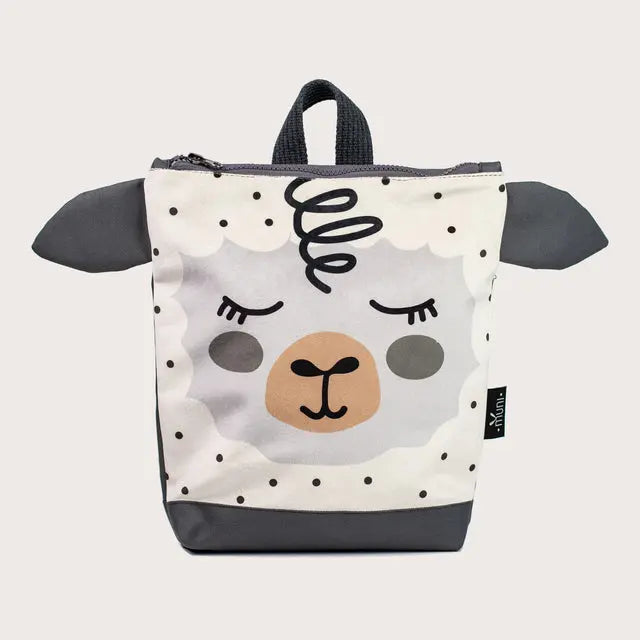 Kids backpack - Sheep: A white and grey cartoon bag with a face design, perfect for outdoor adventures. Features velvet top with sheep design, waterproof polyester bottom, adjustable shoulder straps, and ample storage.