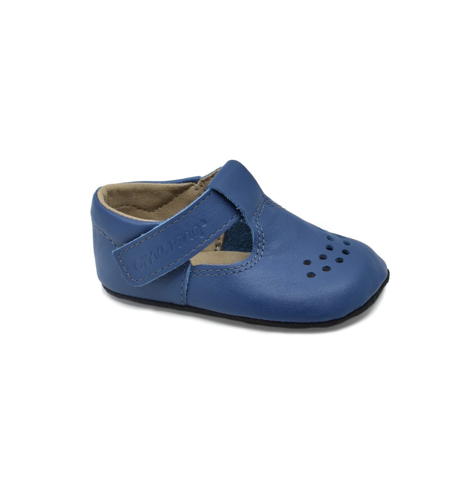 Kids' Slippers Mutsu - Blue, featuring a wide toe box, soft leather upper, adjustable Velcro strap, breathable air holes, and an anti-slip sole for outdoor use.