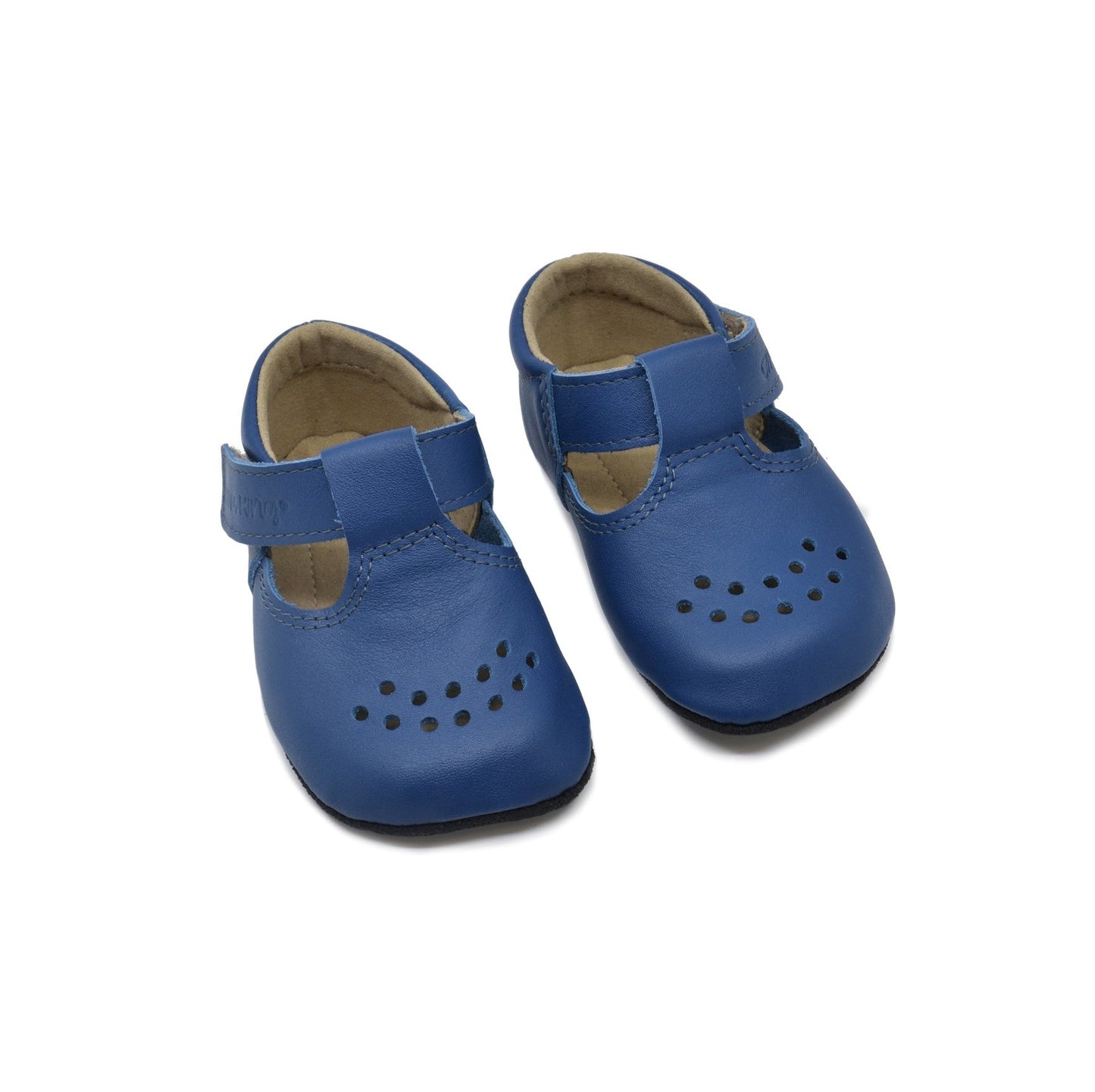 Kids' Slippers Mutsu - Blue, featuring a wide toe box, breathable leather upper, adjustable Velcro strap, and anti-slip sole, ideal for first steps.