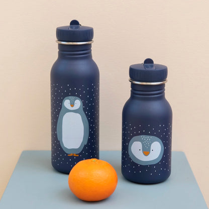 Stainless Steel Bottle featuring Mr Penguin design, 500 ml capacity. Durable, leak-proof, kid-friendly cap with handle. Ideal for on-the-go hydration. Dimensions: 20 cm x 6.5 cm.