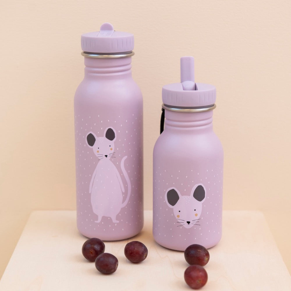 Stainless Steel Bottle featuring Mrs Mouse design, 350 ml. Durable, leak-proof, kid-friendly cap with handle. Stainless steel body, easy to clean, perfect for on-the-go. Dimensions: 15.5 cm x 6.5 cm.