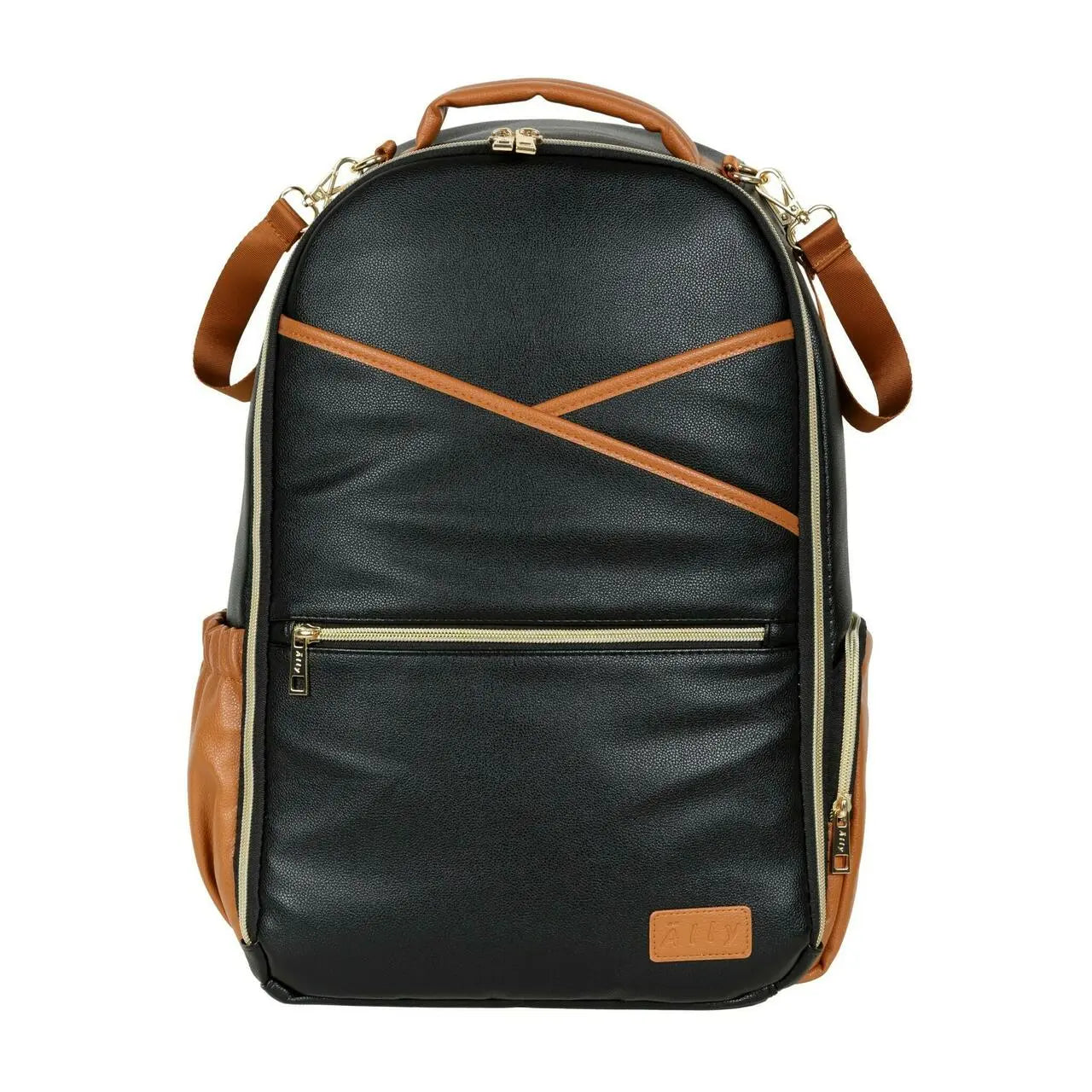 A black and brown backpack with a leather strap and zipper. Stylish, spacious diaper bag by Ally Scandic, featuring 16 pockets, laptop and baby food compartments, stroller straps, and a waterproof changing mat.