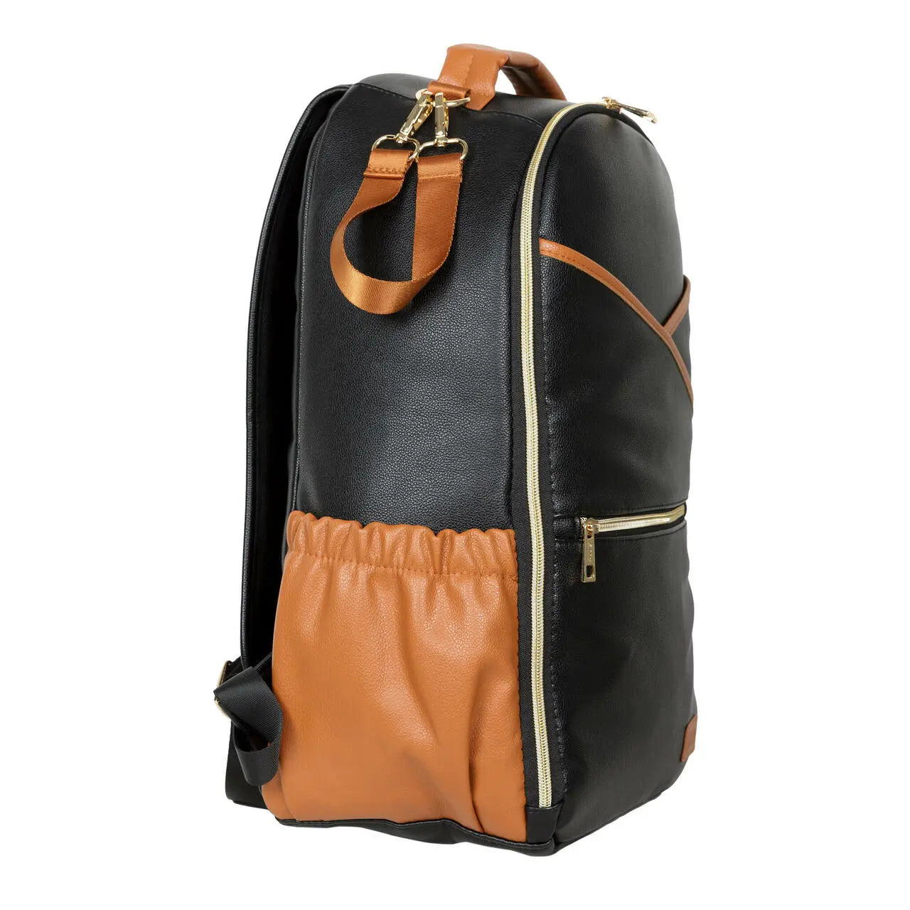 A spacious Large Diaper Backpack in Black Coffee, designed for stylish organization and convenience. Features 16 pockets, laptop and baby food compartments, stroller straps, and a waterproof changing mat.