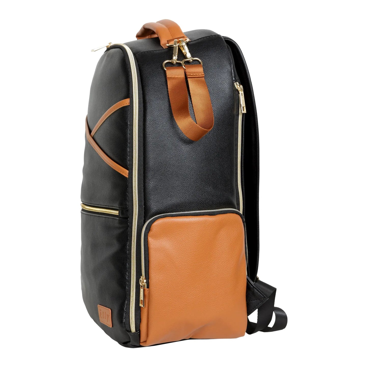 A spacious Large Diaper Backpack in Black Coffee, featuring 16 pockets, stroller straps, and a laptop compartment. Lightweight, vegan leather with YKK zippers, designed for stylish and organized parenting on the go.