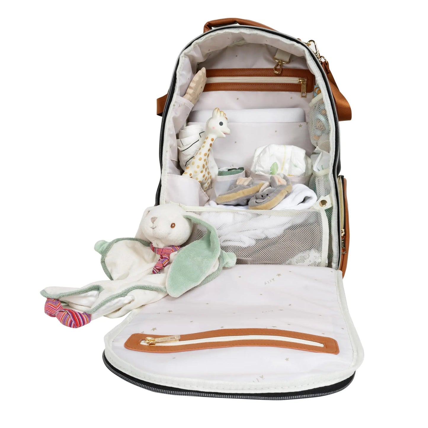 A black coffee diaper bag featuring stuffed animals, toys, and a toy giraffe. Stylish, spacious, and versatile with 16 pockets, laptop and baby food compartments, stroller straps, and a waterproof changing mat.