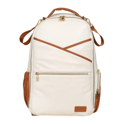 A spacious Cappuccino Diaper Backpack by Ally Scandic, designed in Europe. Features 16 pockets, laptop and baby food compartments, stroller straps, and a waterproof changing mat.