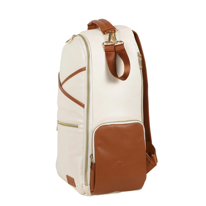 A spacious Large Diaper Backpack in Cappuccino color, designed for style and organization. Features 16 pockets, laptop and baby food compartments, stroller straps, and a waterproof changing mat.