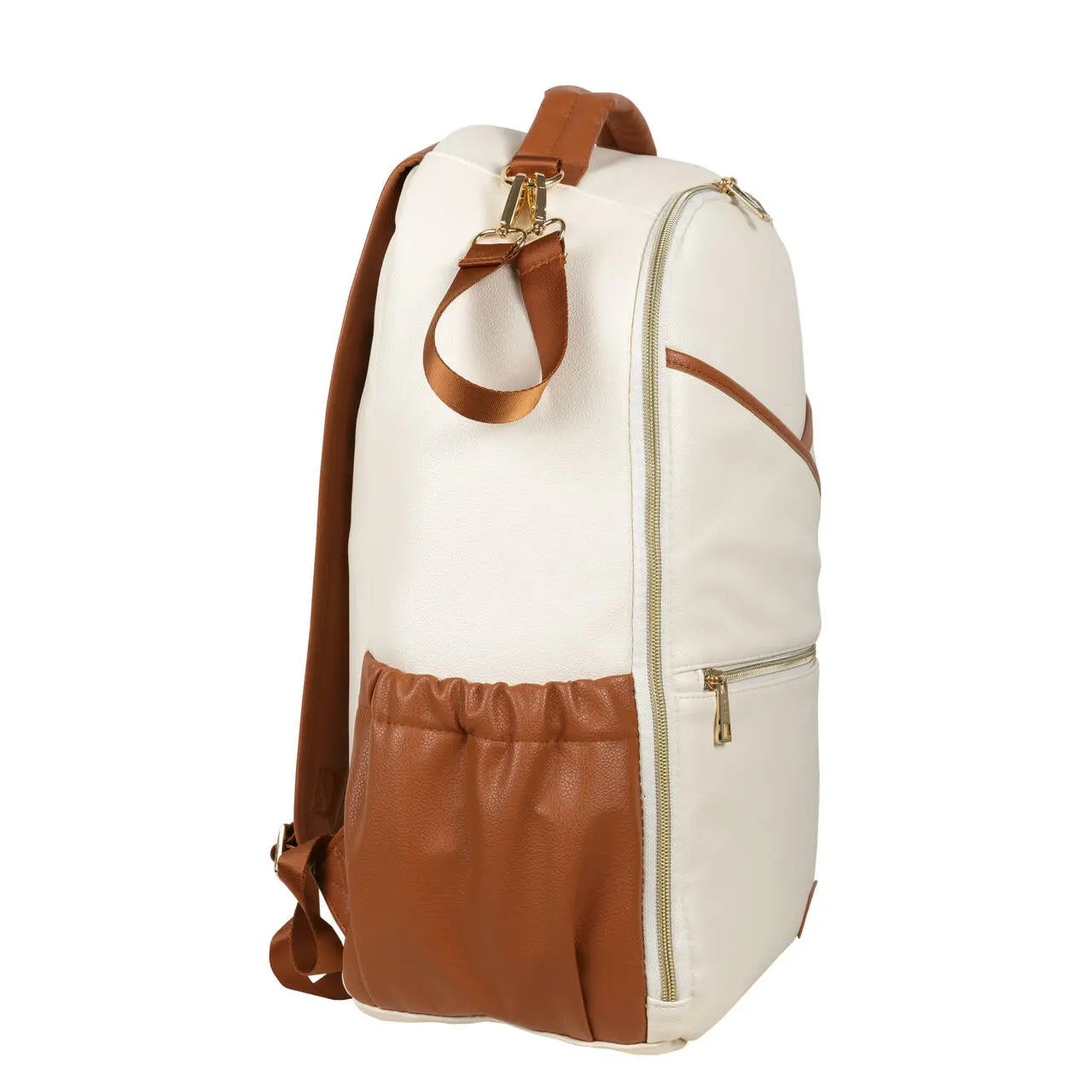 A versatile Large Diaper Backpack in Cappuccino color, featuring 16 pockets, laptop and baby food compartments, stroller straps, and a waterproof changing mat. Designed for stylish, organized parenting on the go.