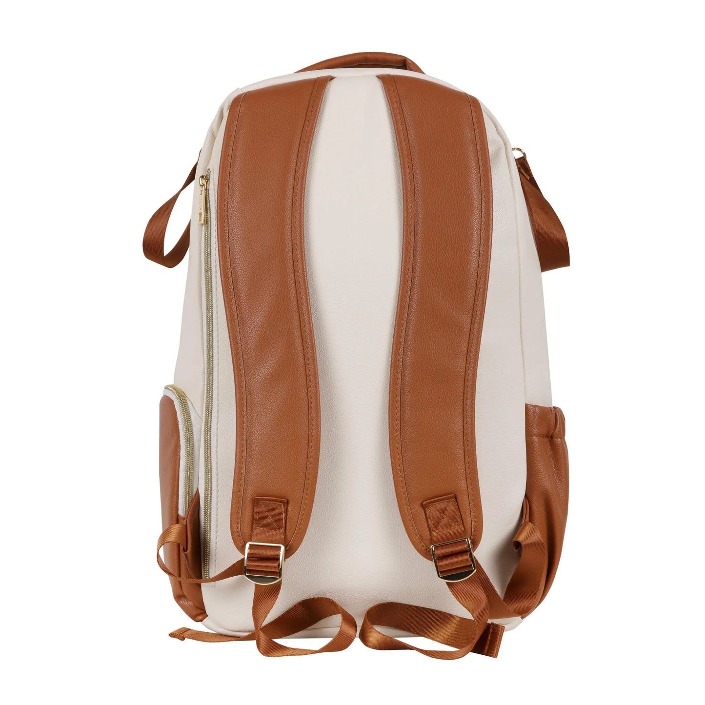 A spacious Cappuccino Diaper Backpack with 16 pockets, laptop and baby food compartments, stroller straps, and a waterproof changing mat. Designed for style, organization, and convenience by Ally Scandic.