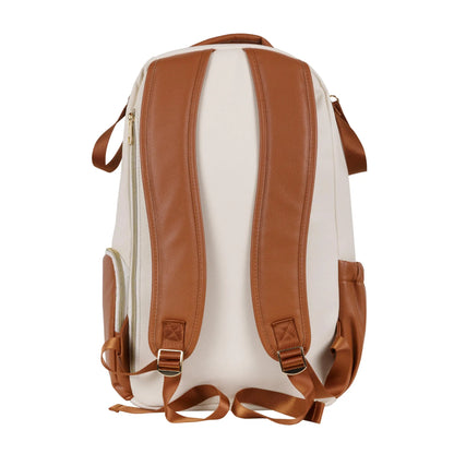 A spacious Cappuccino Diaper Backpack with 16 pockets, laptop and baby food compartments, stroller straps, and a waterproof changing mat. Designed for style, organization, and convenience by Ally Scandic.