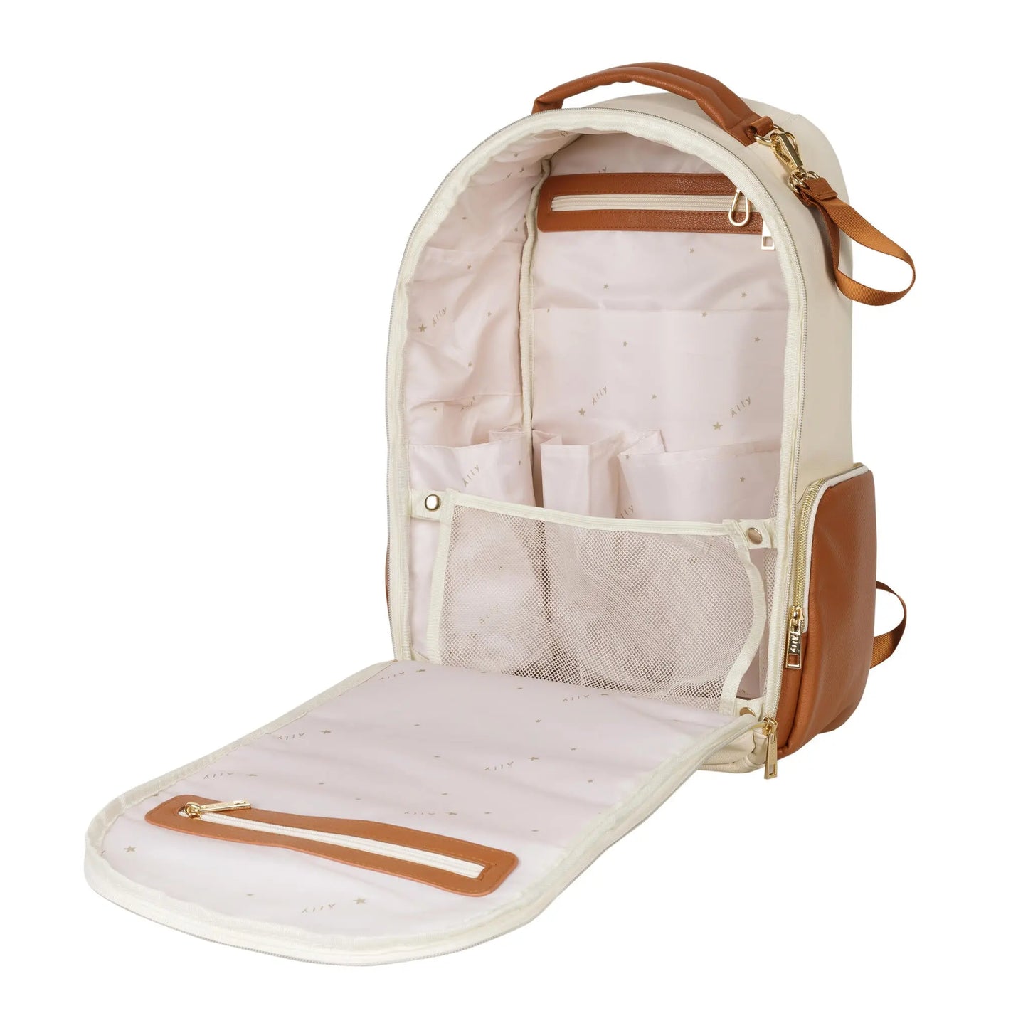 A spacious Cappuccino Diaper Backpack with 16 pockets, laptop and baby food compartments, stroller straps, and a waterproof changing mat. Designed for style, organization, and convenience by Ally Scandic.