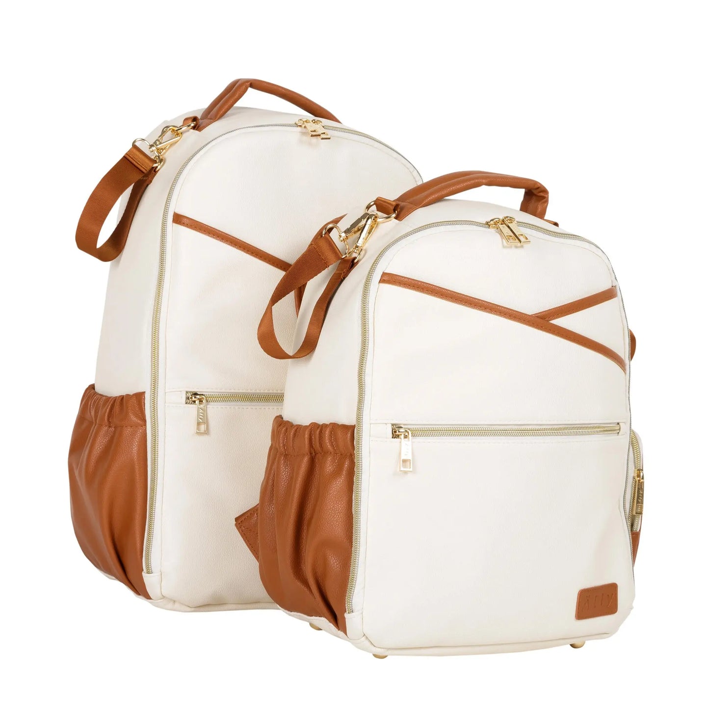 A spacious Cappuccino Diaper Bag with versatile pockets, laptop and baby food compartments, stroller straps, and a waterproof changing mat. Designed for stylish, organized parenting on the go.