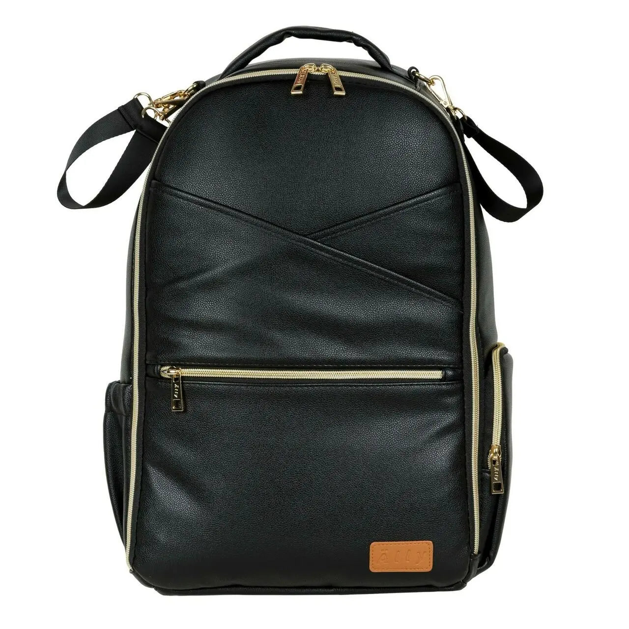 A black backpack with gold zippers, stroller straps, and multiple pockets. Espresso Diaper Bag by Ally Scandic, designed for style and functionality on the go.