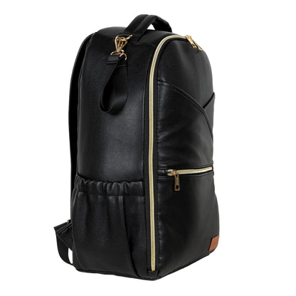 A black backpack with gold zippers, featuring a spacious design for parents on the go. Made of quality PU vegan leather, lightweight, with 16 pockets, laptop and baby food compartments, and stroller straps for convenience.