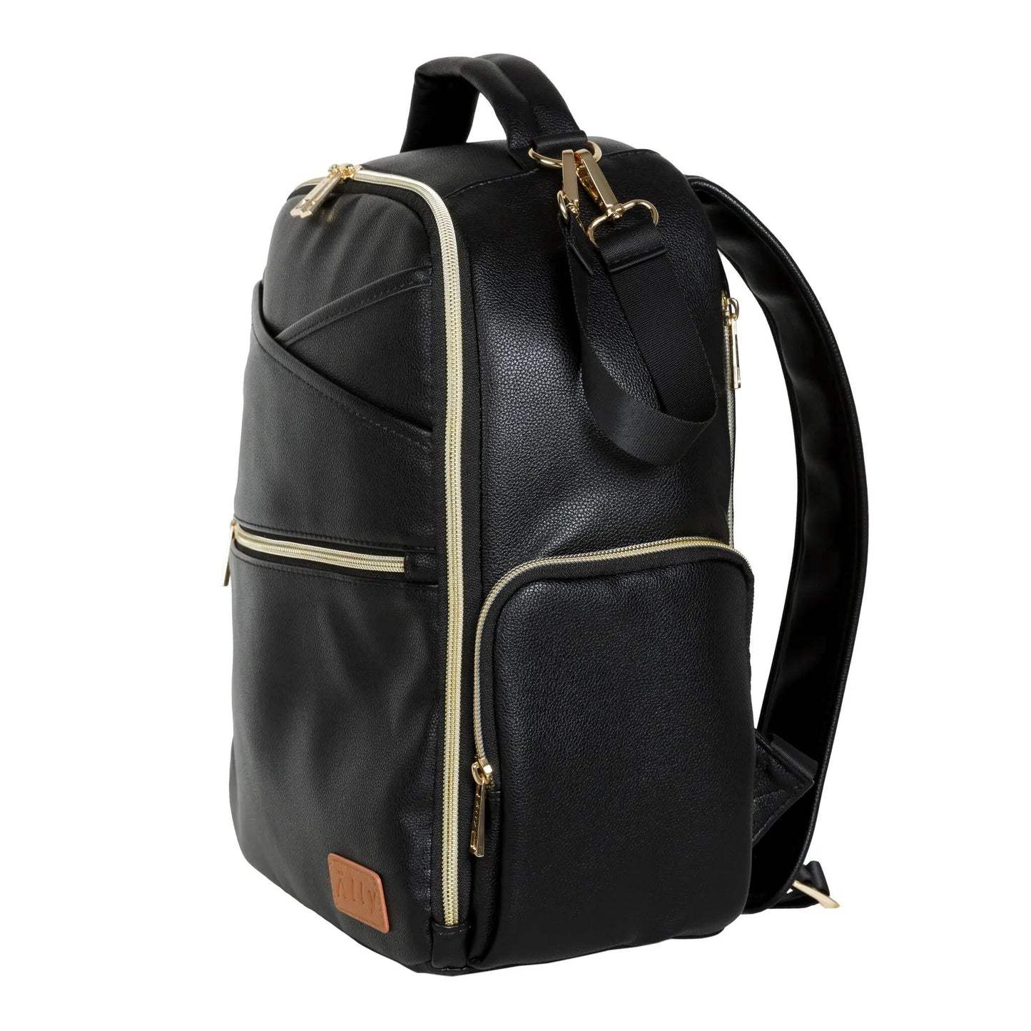 A stylish Large Diaper Backpack in Espresso with gold zippers, laptop and baby food pockets, stroller straps, and waterproof changing mat. Designed for convenience and style by Ally Scandic.