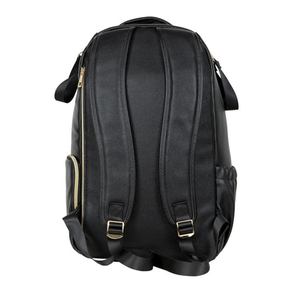 A black backpack with gold straps, featuring a buckle, metal details, and multiple pockets. Stylish, lightweight, and spacious Espresso Diaper Bag by Ally Scandic for on-the-go parents.