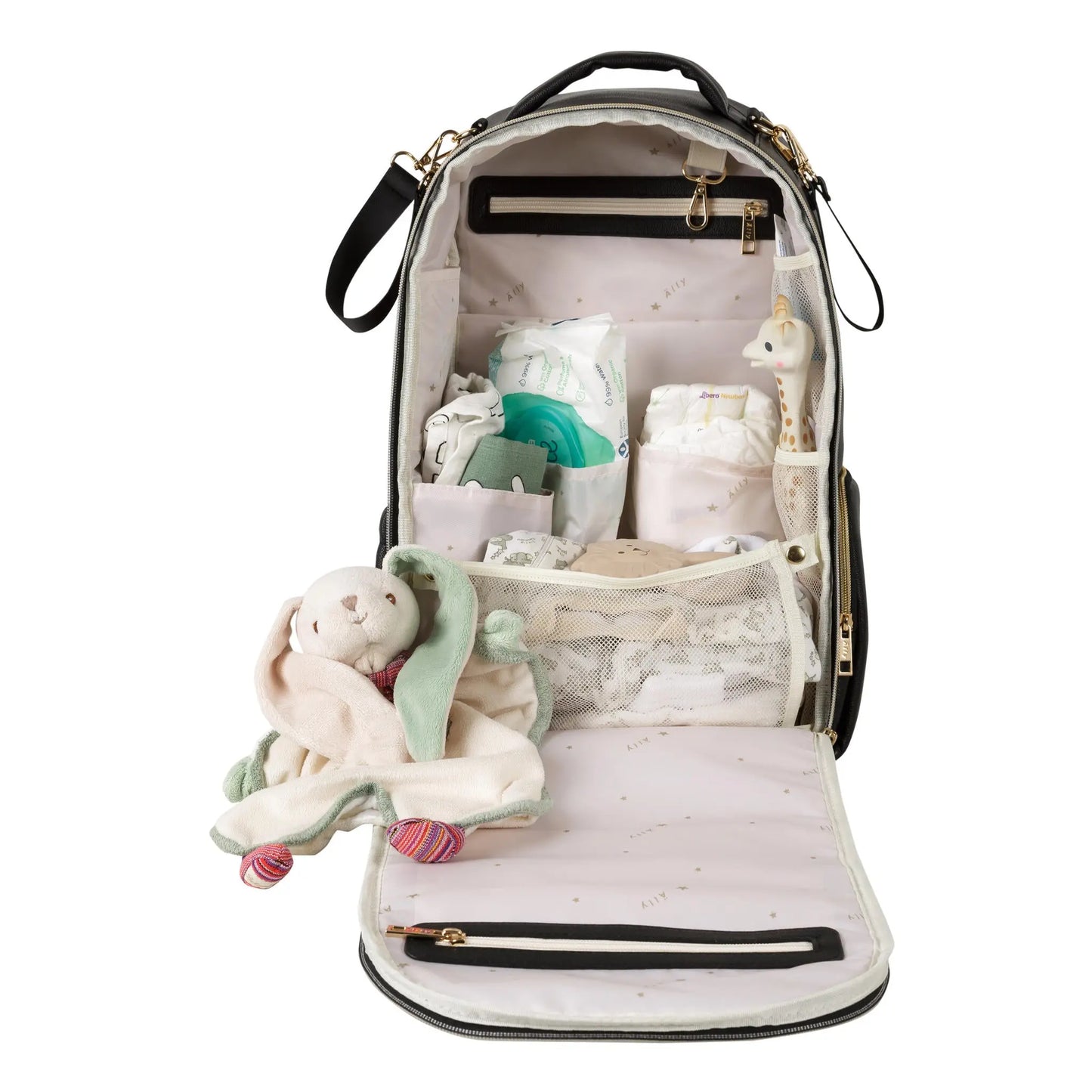 A spacious Espresso Diaper Bag with 16 pockets, laptop and baby food compartments, stroller straps, and a waterproof changing mat. Designed for style, organization, and convenience by Ally Scandic.