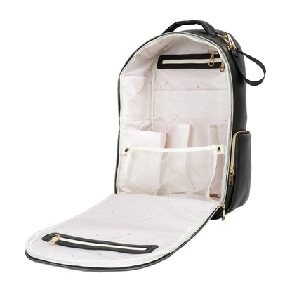 A spacious Large Diaper Backpack in Espresso, featuring 16 pockets, laptop and baby food compartments, stroller straps, and waterproof changing mat. Designed for style, organization, and convenience by Ally Scandic.