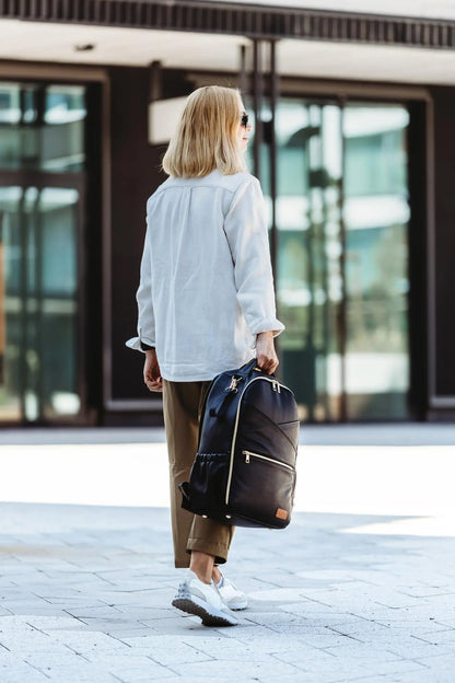 A stylish Large Diaper Backpack in Espresso, designed for ultimate convenience. Features 16 pockets, laptop and baby food compartments, stroller straps, and a waterproof changing mat.