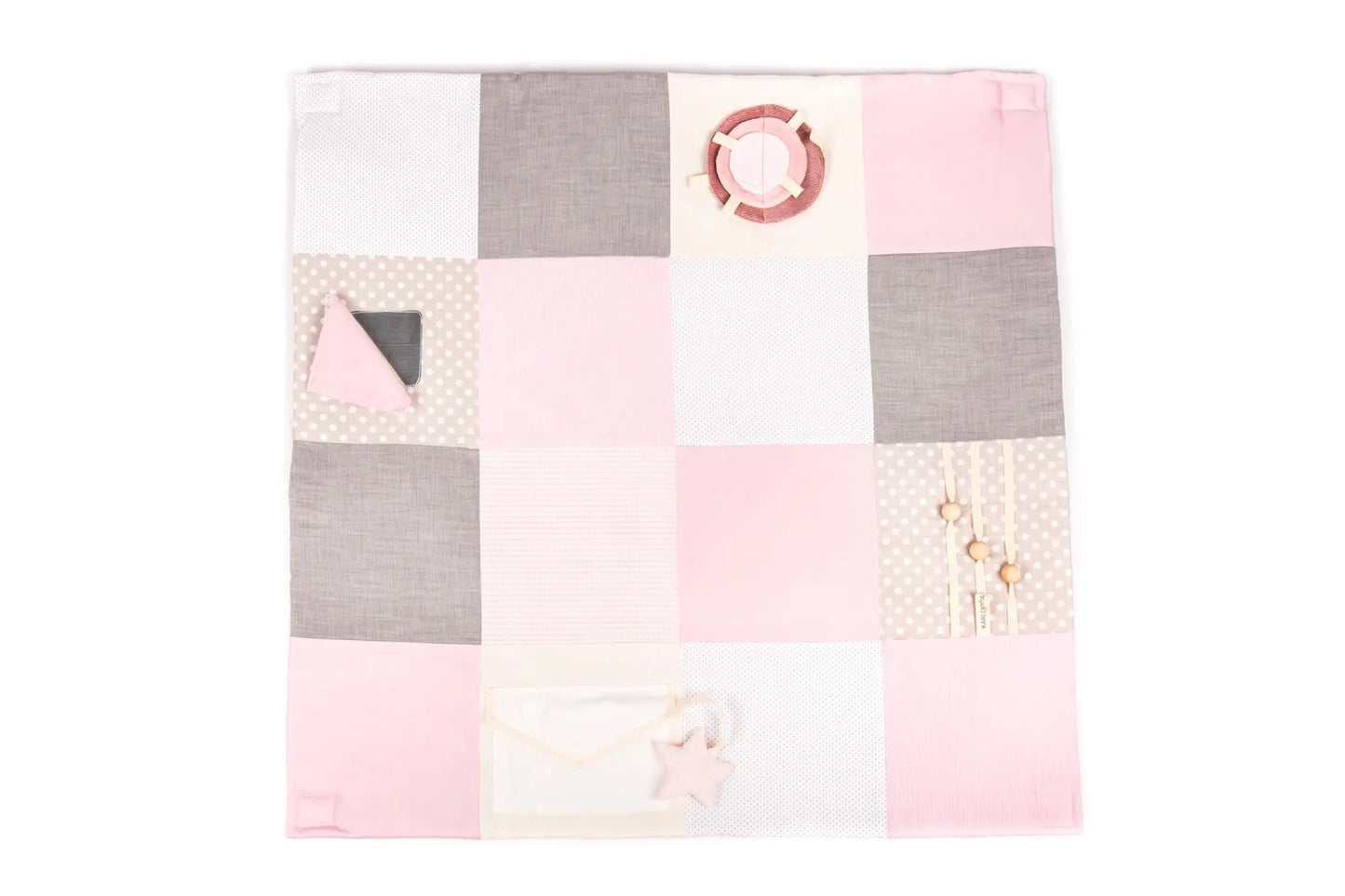 Handmade baby activity mat with arches and toys, 100x100 cm in pink. Stimulating toys for sensory exploration and motor skills development. Crafted from ecologic cotton for safety and sustainability.