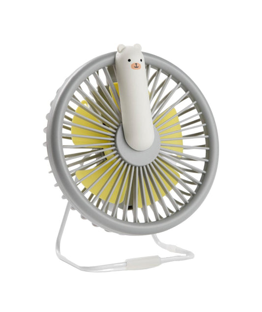 A small white toy bear fan with adjustable air flow and built-in lamp, charged via micro USB cable. Portable and battery-powered for cooling relief on hot days and nights.