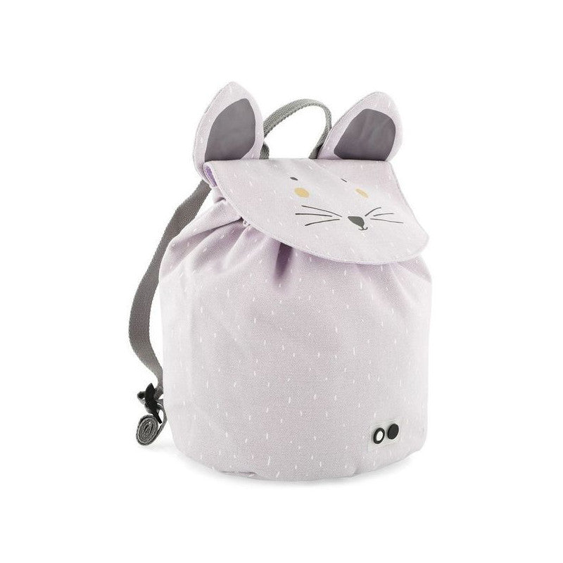 A small backpack with a cat face design, ideal for kids' adventures. Water-repellent, drawstring closure, machine washable. Material: 100% cotton. Dimensions: 30 x 23 cm. Capacity: 5 l.