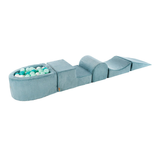 Playset with Small Ball Pit - Turquoise & Turquoise/White/Mint features a striped mini-pool filled with colorful balls, designed for imaginative children's play and exercise.