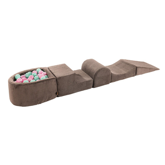 Playset with Small Ball Pit - Brown & Pastel Pink/Mint featuring corduroy steps and a mini-pool filled with colorful balls, ideal for imaginative and active play.