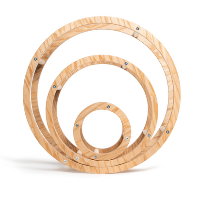 Montessori Toy Rings crafted from ash wood, featuring various ring sizes with holes and screws for stacking, enhancing fine motor skills and creative play.