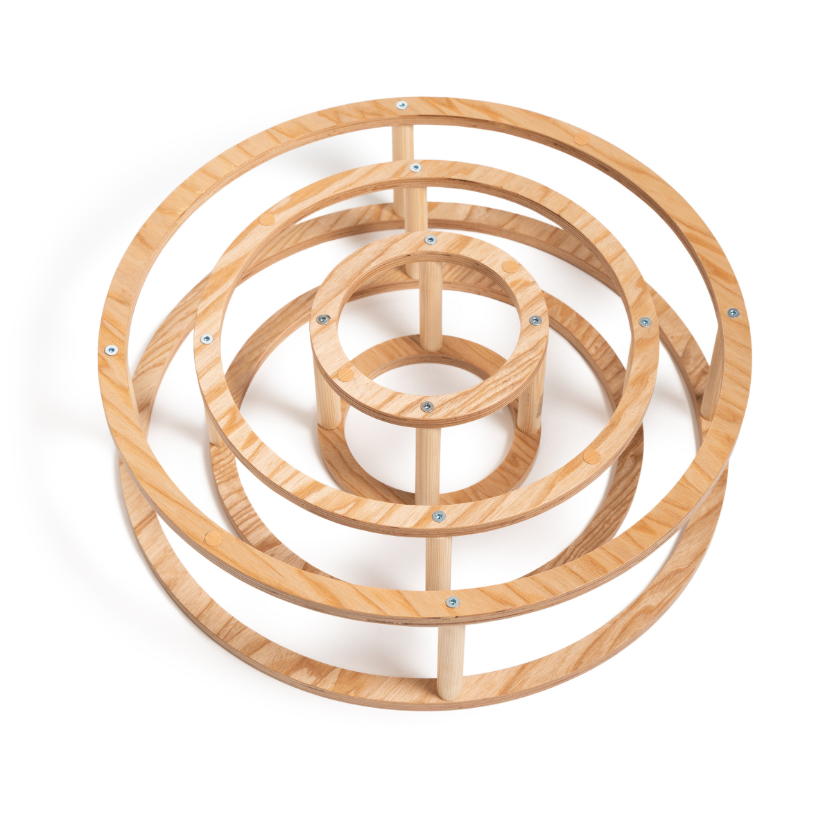 Montessori Toy Rings: A circular wooden structure with holes, designed for stacking and skill development, made from smooth, sustainably sourced ash wood.