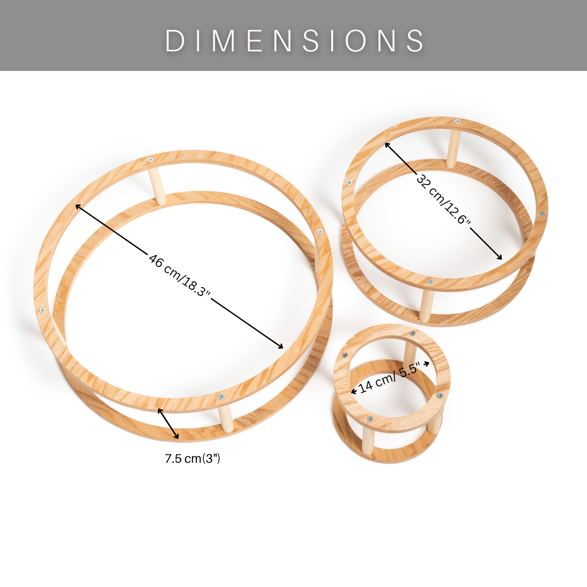 Montessori Toy Rings in various circular wooden frames with measurement markings, designed for stacking and enhancing fine motor skills and cognitive development.