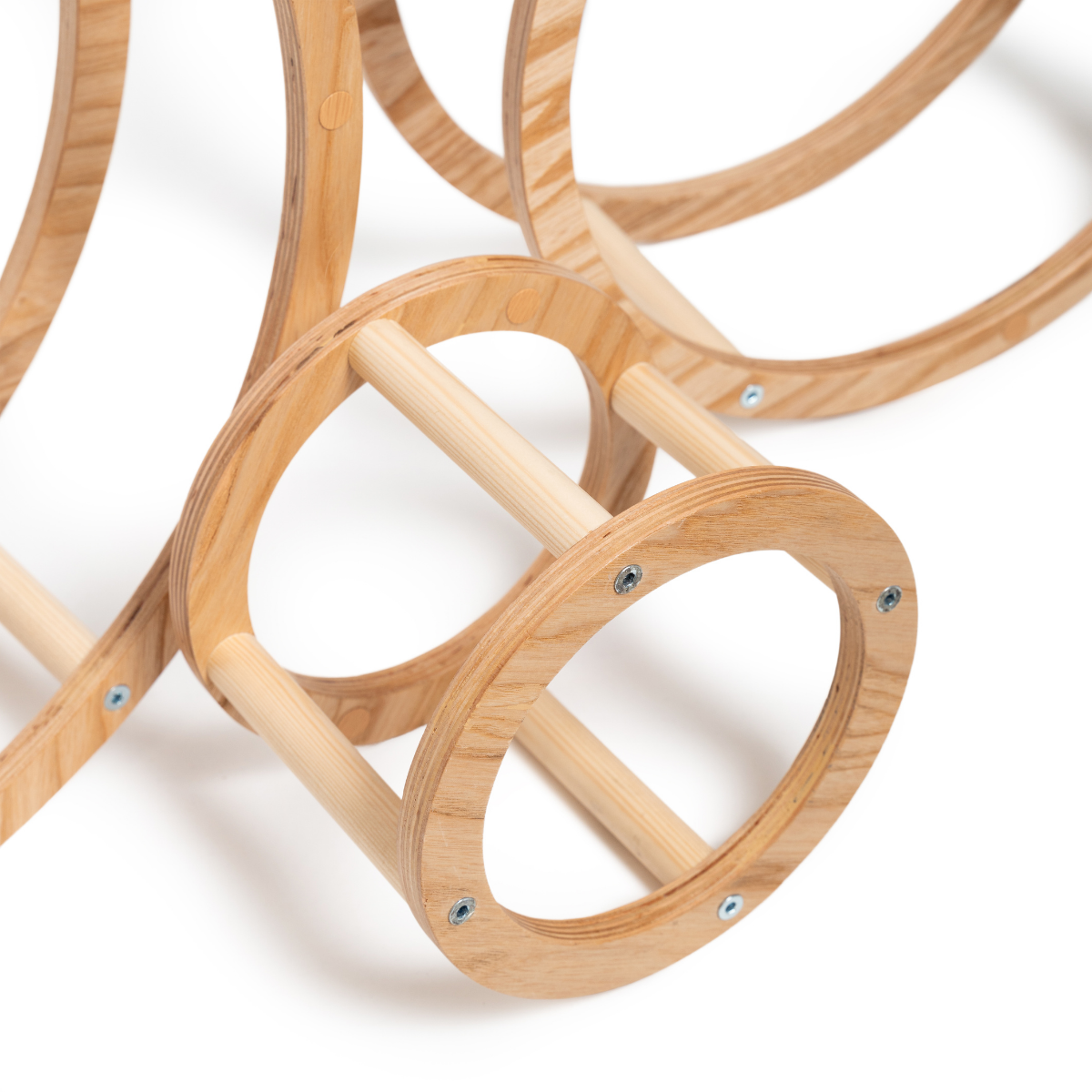 Montessori Toy Rings made of ash wood, featuring a wooden design ideal for grasping and stacking, shown unassembled with various sizes for skill development.