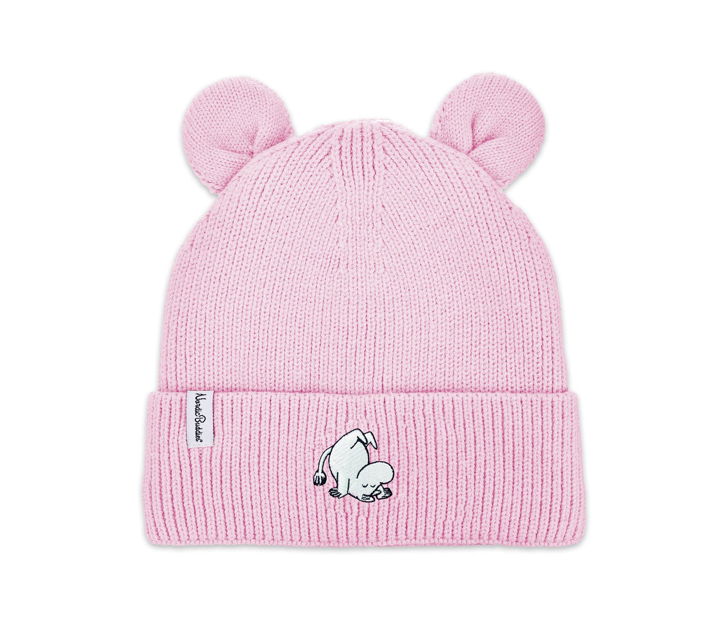 Moomintroll Winter Hat With Ears for Kids - Pink, featuring a cartoon character, flexible acrylic knit, super soft fleece inside, suitable for ages 1.5-8 years.