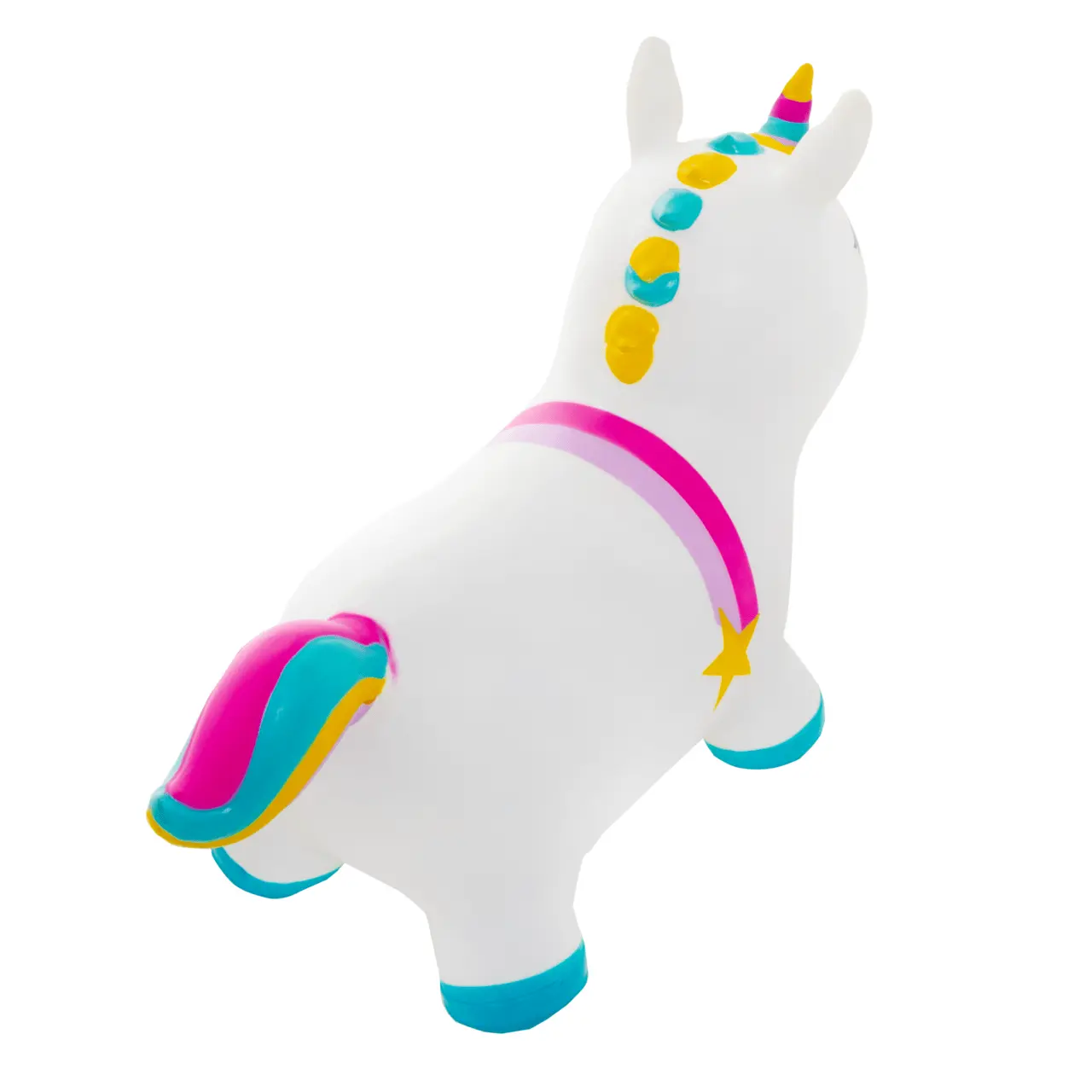 A white unicorn toy, inspiring active play with a magical twist. Develops balance and coordination, suitable for indoor and outdoor fun. Includes birth certificate for personalization.