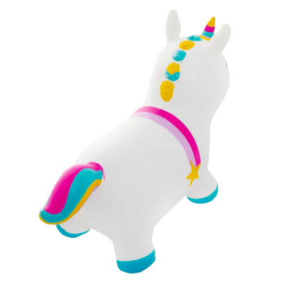 A white unicorn toy, inspiring active play with a magical twist. Develops balance and coordination, suitable for indoor and outdoor fun. Includes birth certificate for personalization.