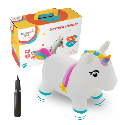 A white unicorn toy with a pink and blue mane, inspiring active play and imagination. Supports balance, coordination, and muscle development for children aged 12+ months.