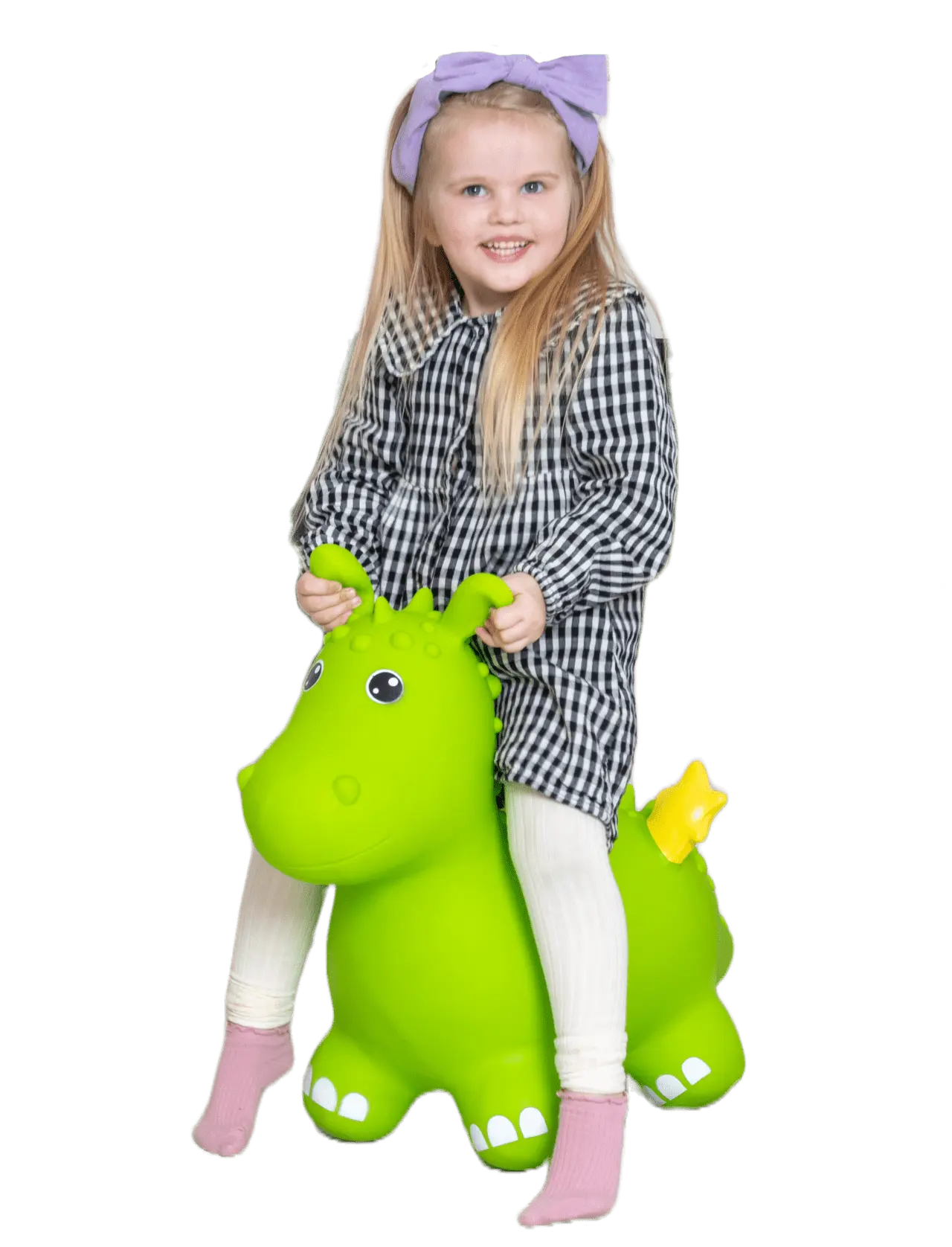 A girl joyfully rides a green dragon toy resembling a Batmobile. Develops balance and coordination skills, suitable for indoor and outdoor play. Birth certificate included for personalization.