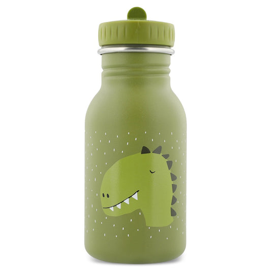 Stainless Steel Bottle 350 ml featuring Mr Dino, a green water bottle with a cartoon dinosaur design. Durable, leak-proof, and kid-friendly cap with a convenient handle for easy carrying.