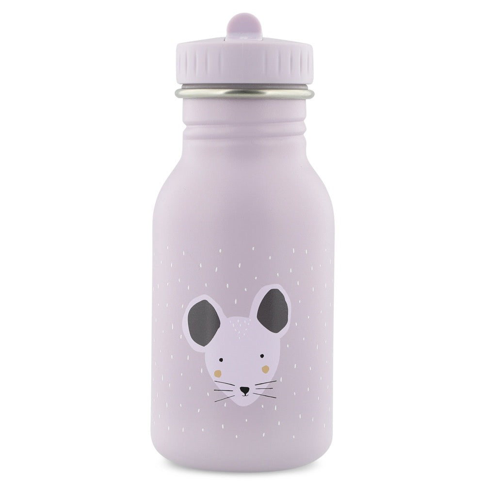 Stainless Steel Bottle 350 ml featuring Mrs Mouse cartoon face. Durable, leak-proof, stainless steel construction with kid-friendly cap and loop for easy carrying. Dimensions: 15.5 cm x 6.5 cm.