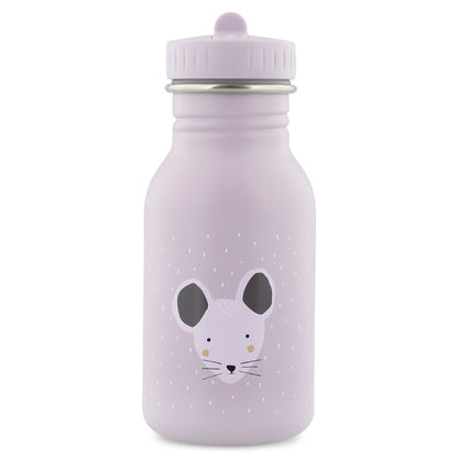 Stainless Steel Bottle 350 ml featuring Mrs Mouse cartoon face. Durable, leak-proof, stainless steel construction with kid-friendly cap and loop for easy carrying. Dimensions: 15.5 cm x 6.5 cm.