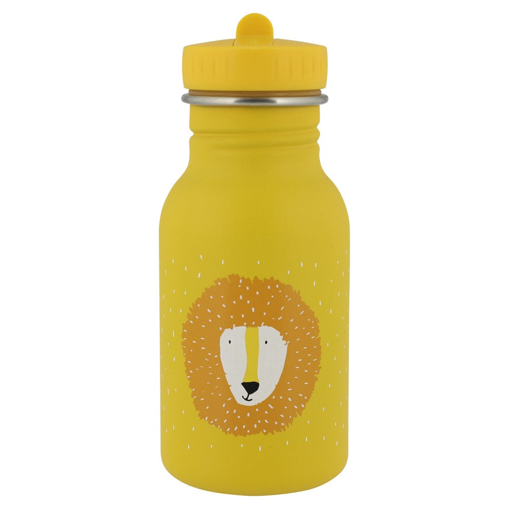 Stainless Steel Bottle 350 ml featuring Mr Lion design, with a child-friendly cap and loop for easy carrying. Durable, leak-proof, and easy to clean. Dimensions: 15.5 cm x 6.5 cm.