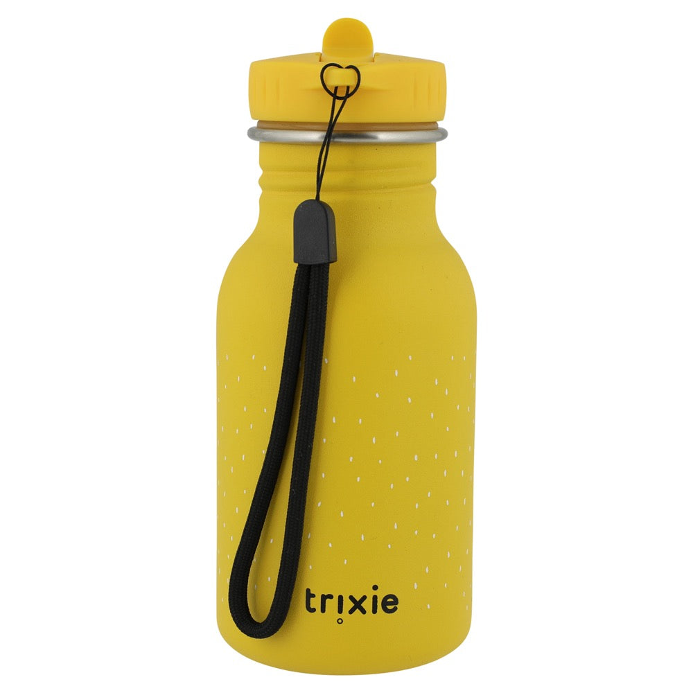 Stainless Steel Bottle 350 ml - Mr Lion: A yellow cylinder bottle with a black strap, perfect for kids, made of stainless steel, leak-proof, and easy to clean.