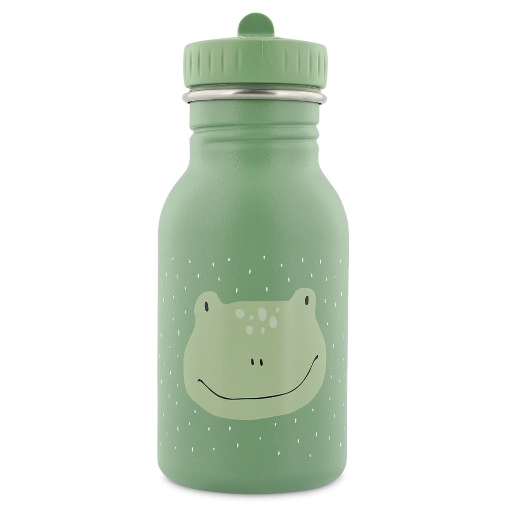 Stainless Steel Bottle 350 ml featuring Mr. Frog design, with a kid-friendly cap and loop for easy carrying, made of durable stainless steel.