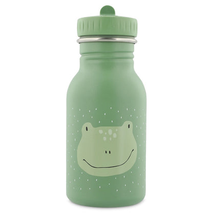 Stainless Steel Bottle 350 ml featuring Mr. Frog design, with a kid-friendly cap and loop for easy carrying, made of durable stainless steel.