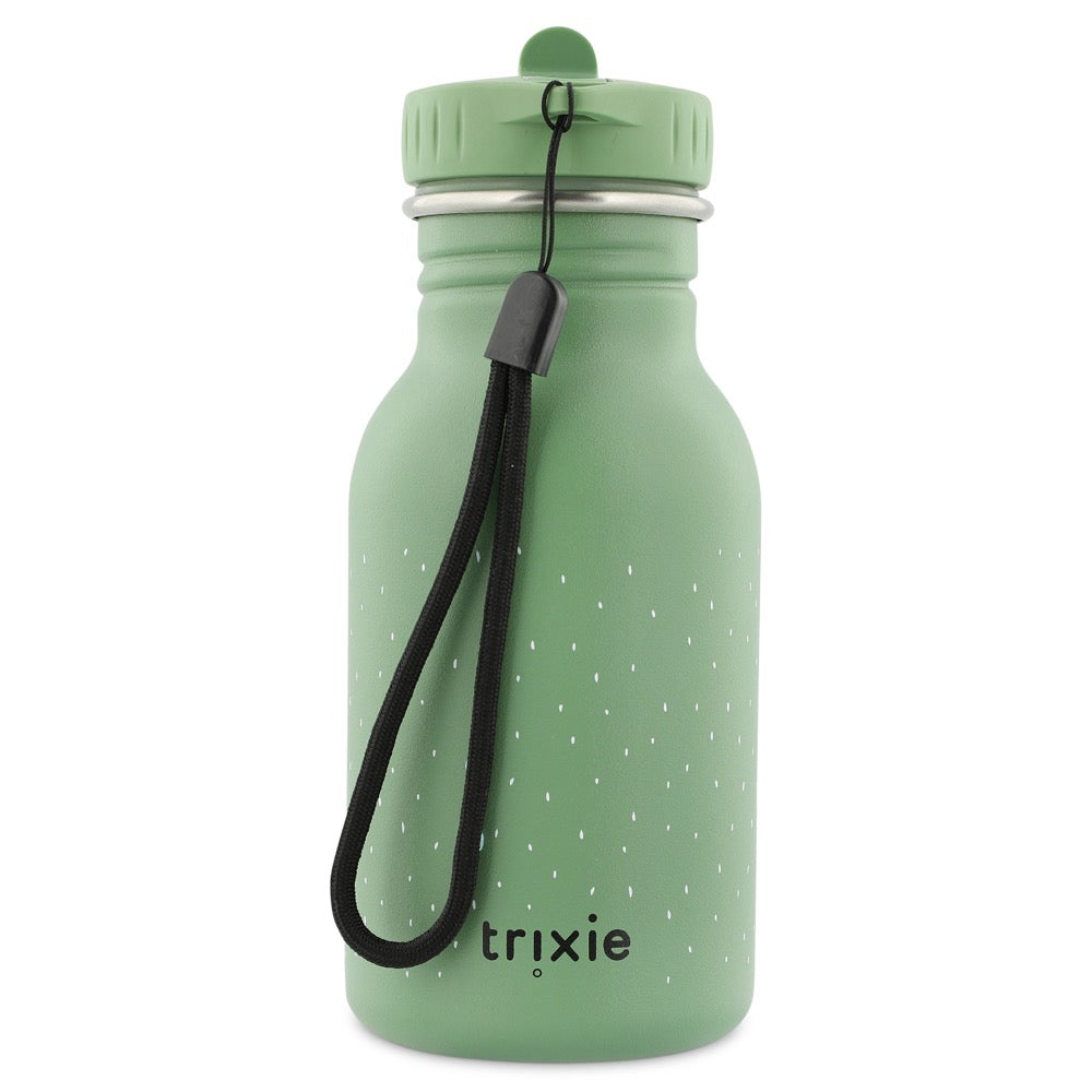 Stainless Steel Bottle 350 ml - Mr Frog, a green water bottle with a black strap, perfect for kids on the go. Durable stainless steel, leak-proof, and kid-friendly cap design.