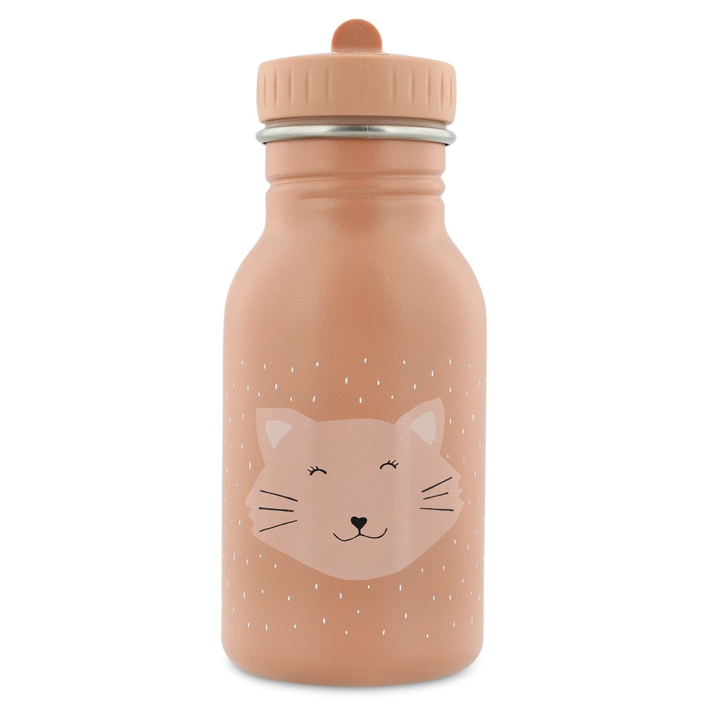 Stainless Steel Bottle featuring Mrs Cat design, 350 ml capacity, with a kid-friendly cap and loop for easy carrying. Durable, leak-proof, and easy to clean. Dimensions: 15.5 cm x 6.5 cm.