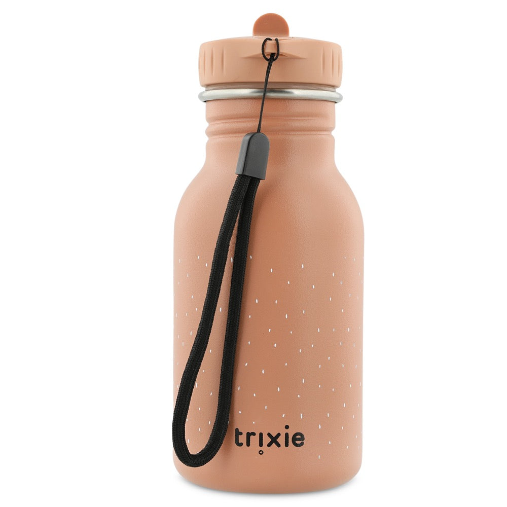 Stainless Steel Bottle 350 ml - Mrs Cat: A durable water bottle with a strap, stainless steel body, and leak-proof cap for kids on-the-go. Dimensions: 15.5 cm x 6.5 cm.