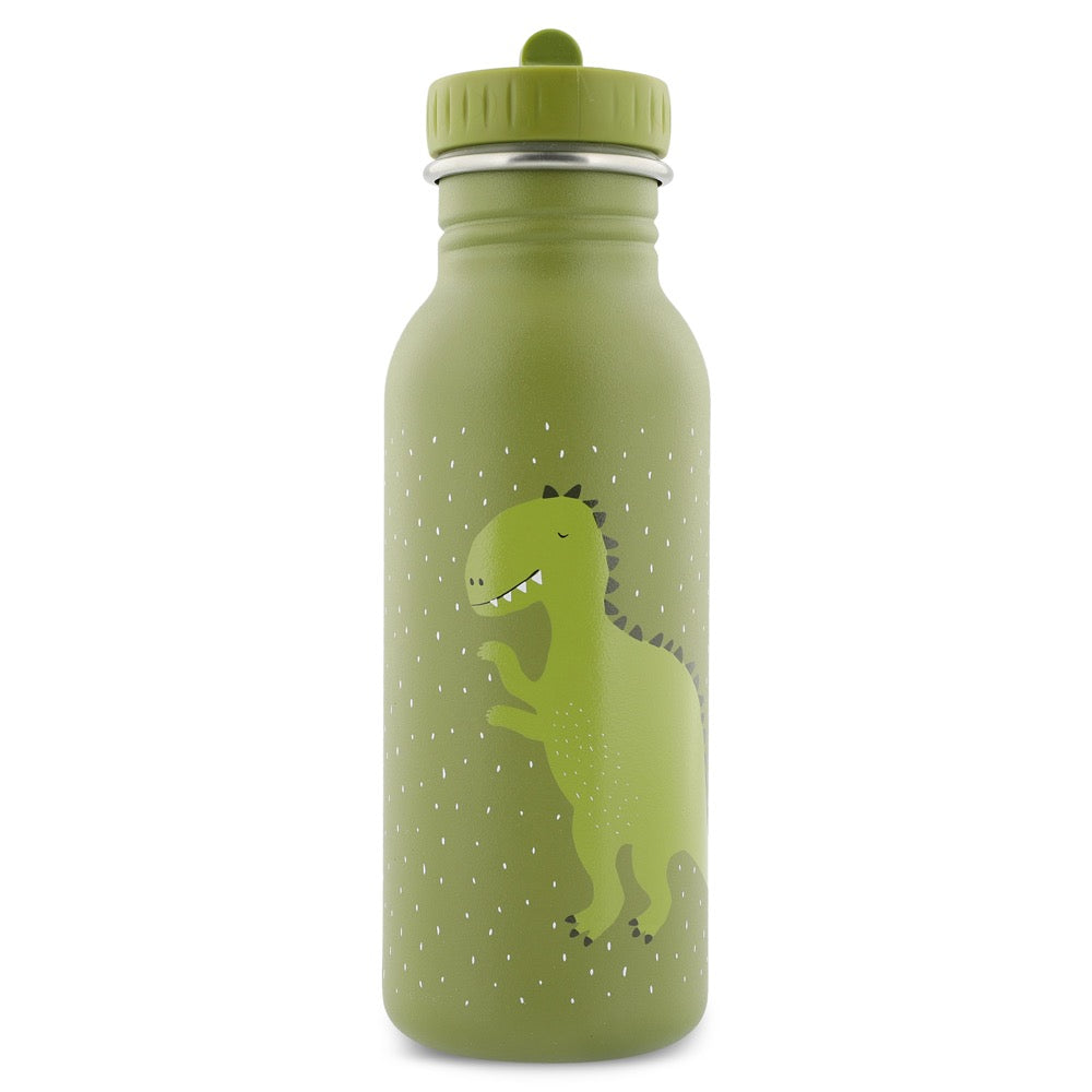 Stainless Steel Bottle 500 ml featuring Mr Dino, a green water bottle with a cartoon dinosaur design. Durable, leak-proof, and kid-friendly cap with a handle. Perfect eco-friendly choice for on-the-go hydration.